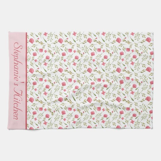 Linge De Cuisine Fleurs roses et vertes personnalisées avec monogra (Horizontal)
