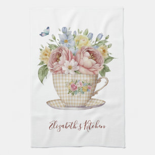 Linge De Cuisine Fleurs roses jaunes et bleues personnalisées dans
