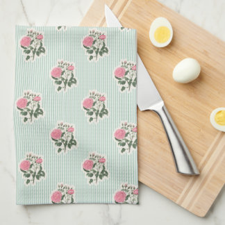Linge De Cuisine Fleurs Roses Roses Foncées Rayures Vertes