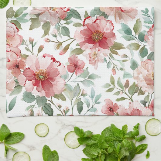 Linge De Cuisine Fleurs roses rouges (Plié)