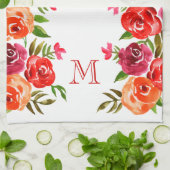 Linge De Cuisine Fleurs roses rouges orange monogrammes (Plié)