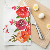 Linge De Cuisine Fleurs roses rouges orange monogrammes (Quart Plié)