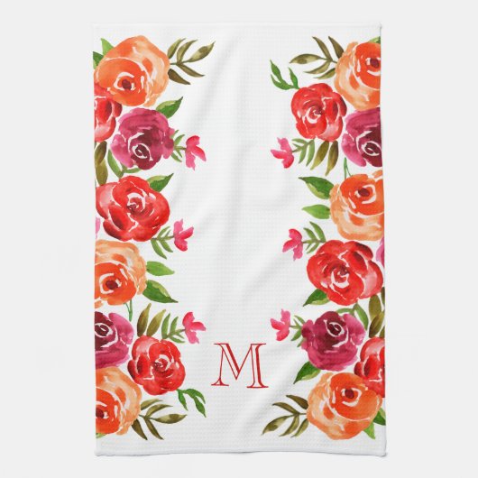 Linge De Cuisine Fleurs roses rouges orange monogrammes (Vertical)
