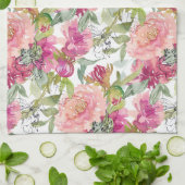 Linge De Cuisine Fleurs roses rousses Feuilles verts Sage (Plié)