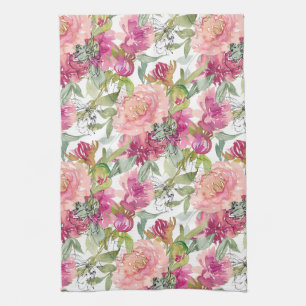 Linge De Cuisine Fleurs roses rousses Feuilles verts Sage