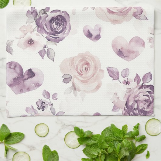 Linge De Cuisine Fleurs roses violettes et cœurs   (Plié)