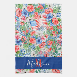 Linge De Cuisine Fleurs rouge, blanc et bleu Monogramme 4 juillet
