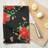 Linge De Cuisine Fleurs rouge vif (Quart Plié)