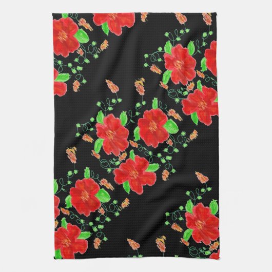 Linge De Cuisine Fleurs rouge vif (Vertical)