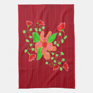 Linge De Cuisine Fleurs Rouges Avec Pinstripe Noir