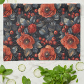 Linge De Cuisine Fleurs rouges en noir (Plié)