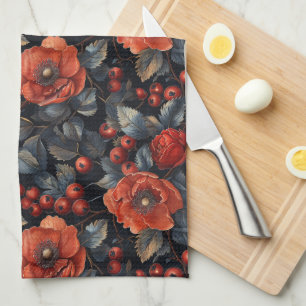 Linge De Cuisine Fleurs rouges en noir