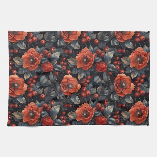 Linge De Cuisine Fleurs rouges en noir (Horizontal)