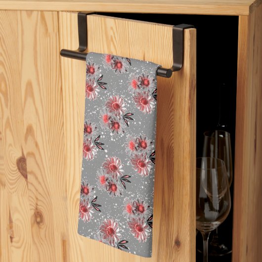 Linge De Cuisine Fleurs rouges sur gris (Pliage en tiers)