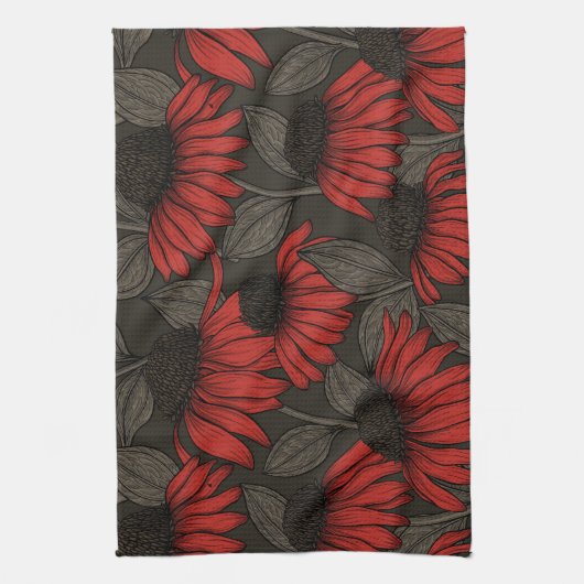 Linge De Cuisine Fleurs rouges sur marron (Vertical)