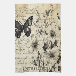 Linge De Cuisine Fleurs rustiques et papillon - Papier vieilli