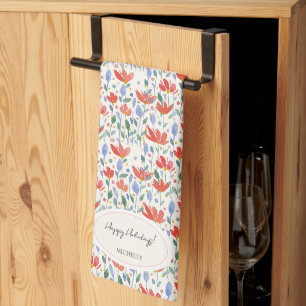 Linge De Cuisine Fleurs sauvages aquarelle en rouge et bleu doux