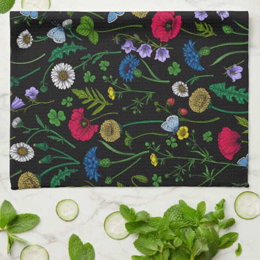 Linge De Cuisine Fleurs sauvages en noir (Plié)