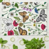 Linge De Cuisine Fleurs sauvages et papillons sur blanc (Plié)