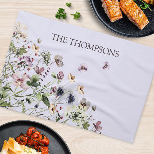 Linge De Cuisine Fleurs sauvages mauves à l'aquarelle et monogramme