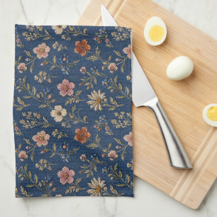 Linge De Cuisine Fleurs sauvages simples brodées sur fond de denim