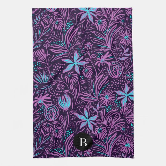 Linge De Cuisine Fleurs sauvages violettes et bleues | Monogramme (Vertical)