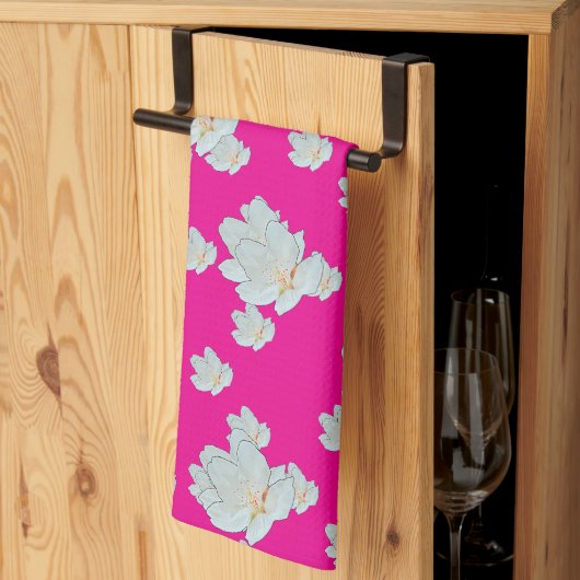 Linge De Cuisine Fleurs sur fond rose chaud (Pliage en tiers)