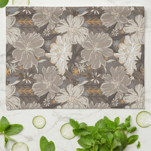 Linge De Cuisine Fleurs trait dessin gris, blanc, & notes de bronze (Plié)