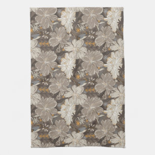 Linge De Cuisine Fleurs trait dessin gris, blanc, & notes de bronze