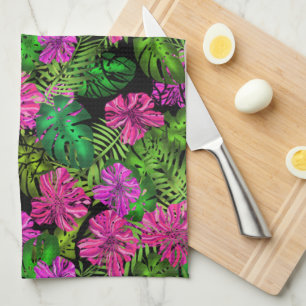 Linge De Cuisine Fleurs tropicales et plantes en noir