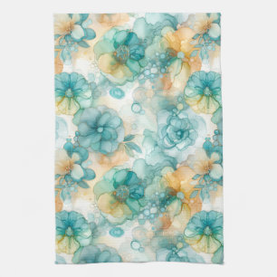 Linge De Cuisine Fleurs turquoises et jaunes Illustration de l'encr