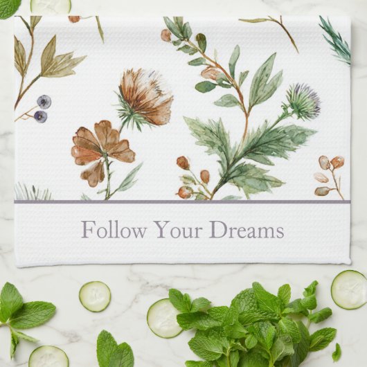 Linge De Cuisine Fleurs Vert Brun Crème Violet (Plié)