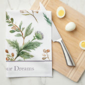 Linge De Cuisine Fleurs Vert Brun Crème Violet (Quart Plié)