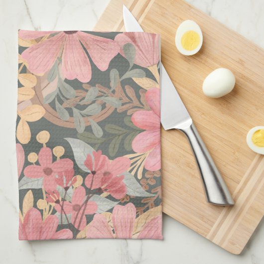 Linge De Cuisine Fleurs vertes rose Sage Laisser Motif Aquarelle (Quart Plié)
