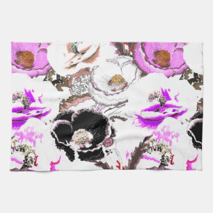 Linge De Cuisine Fleurs violettes, blanches et noires.