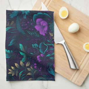 Linge De Cuisine Fleurs violettes et Feuilles Turquoises