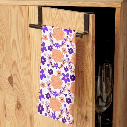 Linge De Cuisine Fleurs violettes Et Oranges (Pliage en tiers)