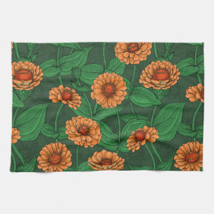 Linge De Cuisine Fleurs Zinnia orange, feuilles verts sur vert fonc