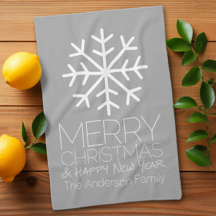 Linge De Cuisine Flocon de neige moderne Joyeux Noël - gris argent