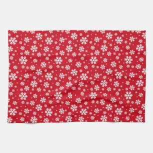 Linge De Cuisine Flocons blancs sur motif hivernal rouge