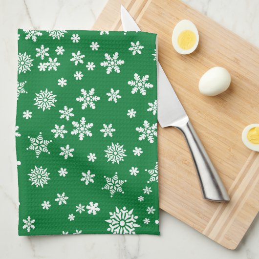 Linge De Cuisine Flocons blancs sur un Noël vert (Quart Plié)