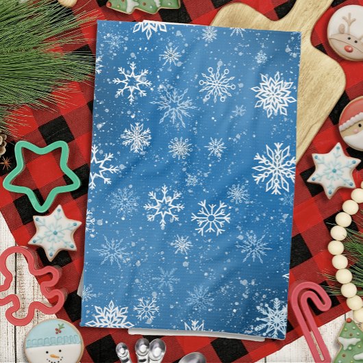Linge De Cuisine Flocons de Neige Bleus Classique Hiver Blanc