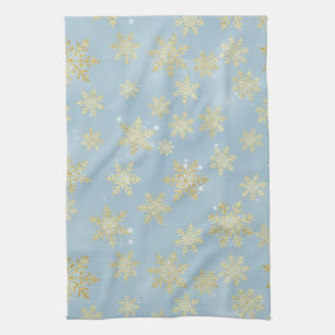 Linge De Cuisine Flocons de neige dorés sur fond bleu ciel – Hiver