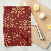 Linge De Cuisine Flocons de neige dorés sur fond rouge - Noël class (Quart Plié)