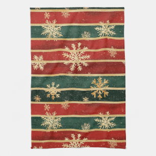 Linge De Cuisine Flocons de neige en paillettes dorées sur rayures