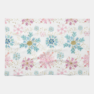 Linge De Cuisine Flocons de neige hivernaux rose, bleu et or à l'aq