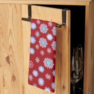 Linge De Cuisine Flocons de neige vintage sur fond rouge