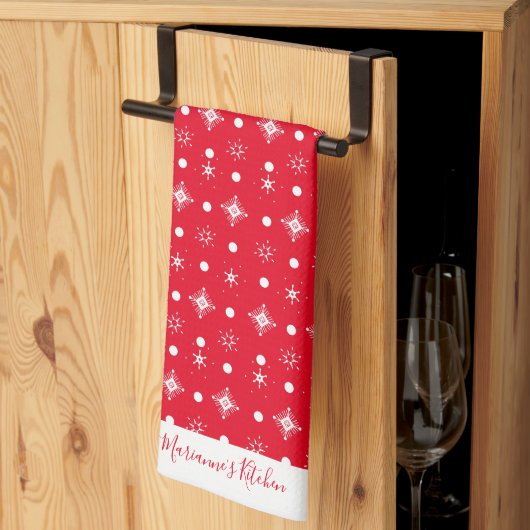 Linge De Cuisine Flocons Mignons Motif Blanc Nom du Script Rouge (Pliage en tiers)