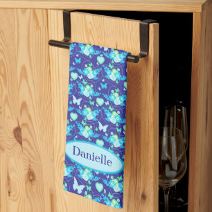 Linge De Cuisine Flora papillons & coeurs bleu nom personnalisé