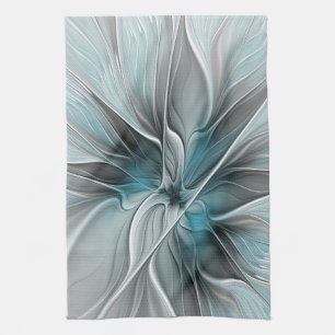 Linge De Cuisine Floral Fractal Moderne Fleur Abstrait gris bleu